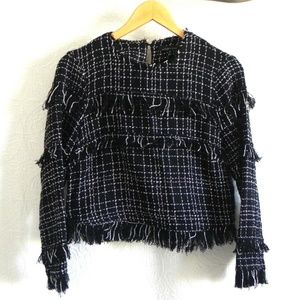 Zara black white long sleeve fringe tweed top